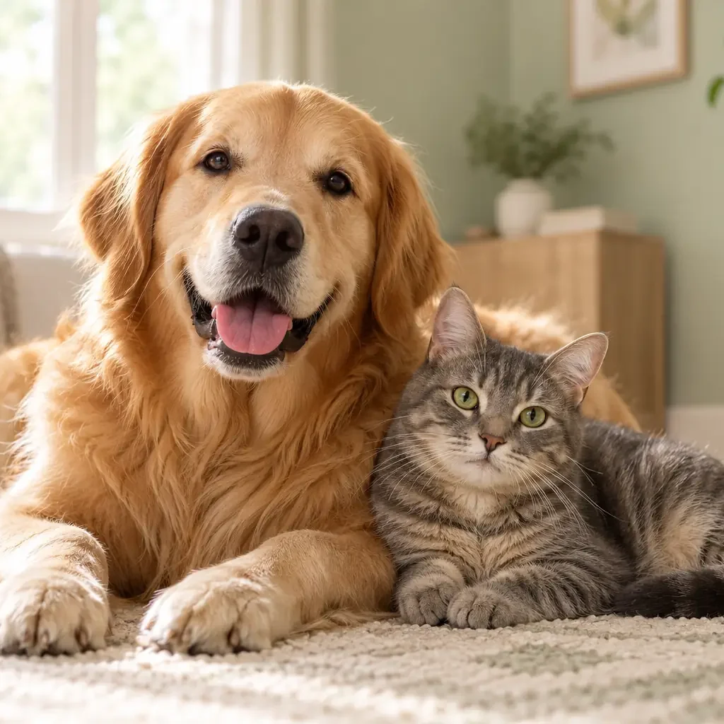 Cachorro golden retriever e gato deitados juntos em casa